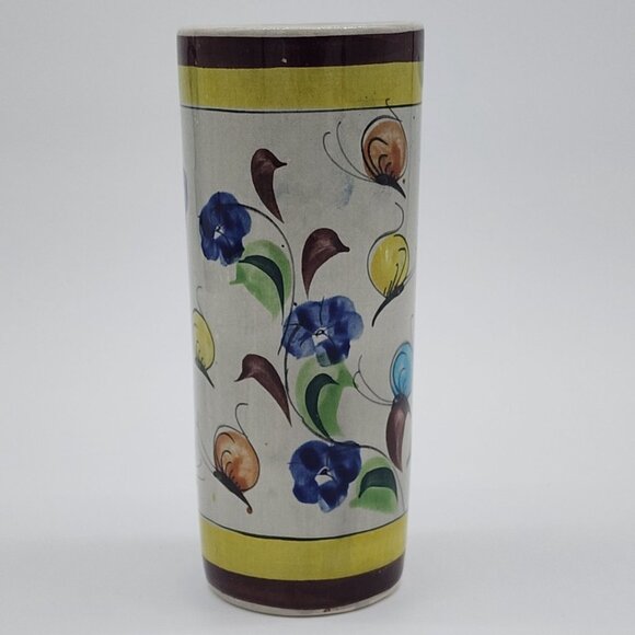 Tonala Cylinder Vase Butterflies Brown Yellow Signed 6.75" Tall VTG 1970s - Picture 2 of 10
